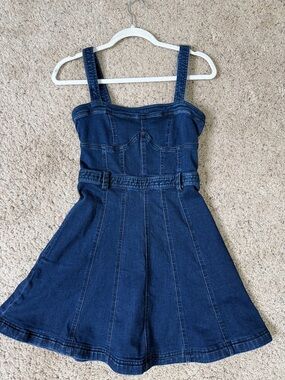 NWT Free People Dark Blue Denim Mini Pinafore Dress S